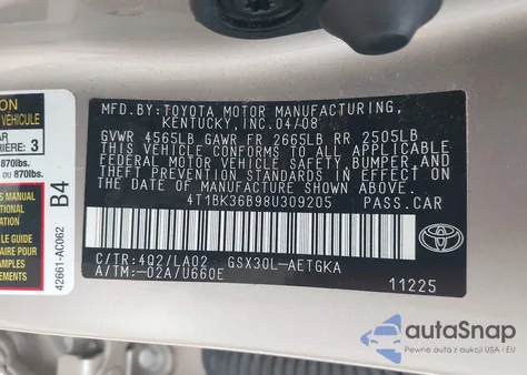 2008 Toyota Avalon Xls z USA, uszkodzony, nr VIN 4T1BK36B98U309205